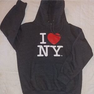 I LOVE NY Grey hooded hoodie sweatshirt. Size S.  Kangaroo pouch.